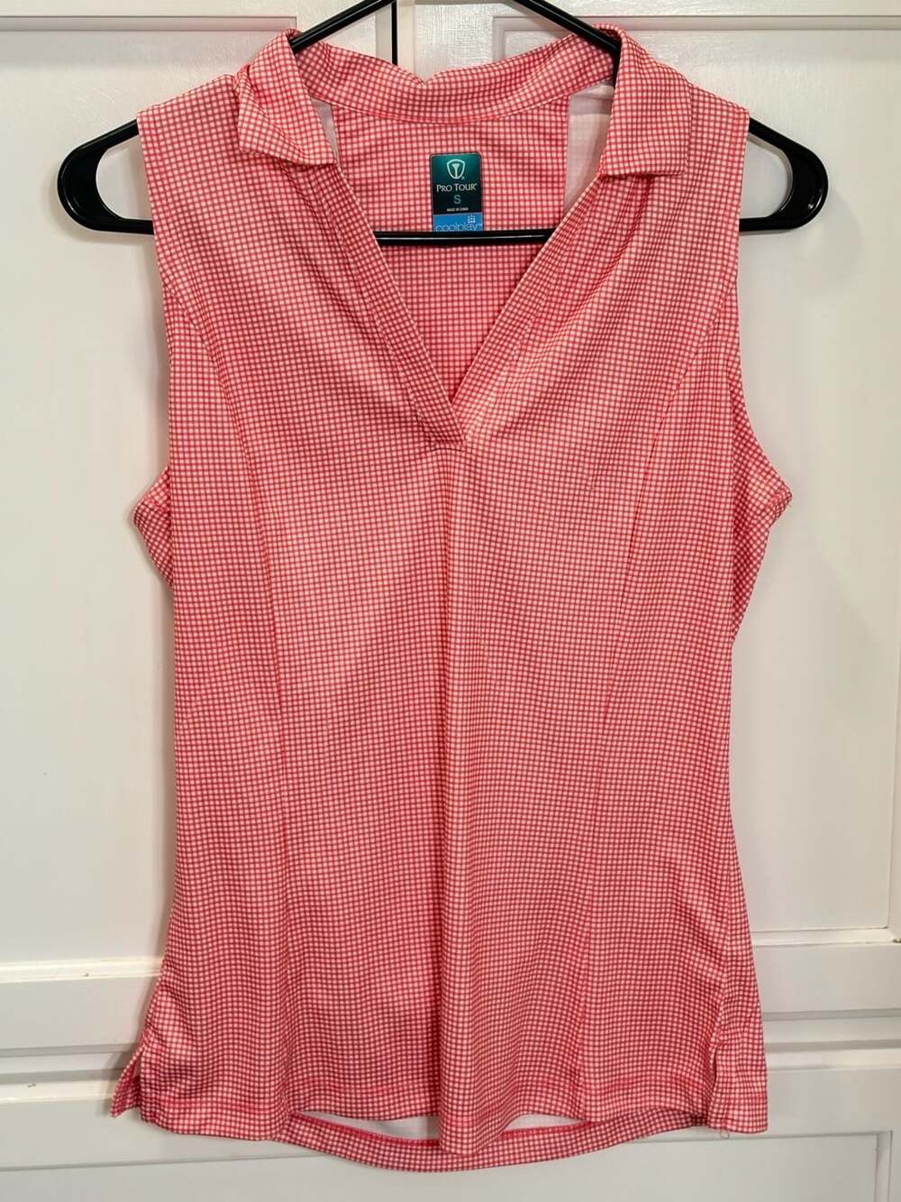 Pro Tour Sleeveless Gingham Printed Polo Shirt Size S Coral Golf Pickleball